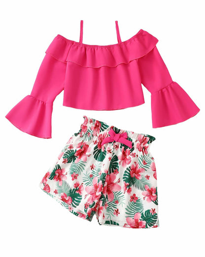 YOURUIKEY Girls Summer Halter Crop Top Floral Shorts Set Rose Red 11-12