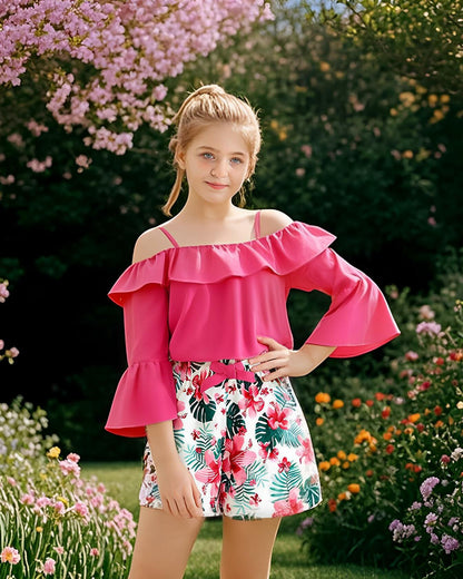 YOURUIKEY Girls Summer Halter Crop Top Floral Shorts Set Rose Red 11-12
