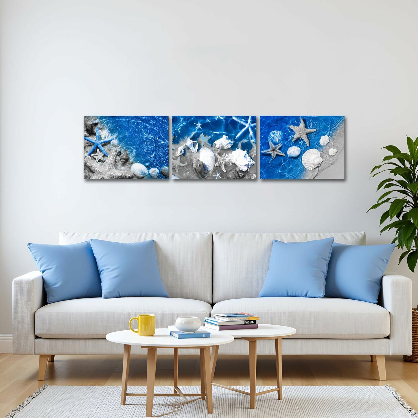 FuShvre Beach Canvas Wall Art Sea Shell Pictures Blue 12x16 3pcs Coastal