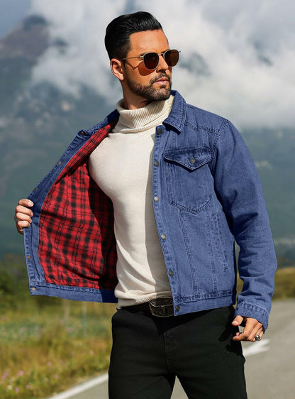 KAVIANA Men's Denim Jacket Flannel Lined Snap Closure Navy Blue Size XX-L