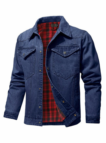 KAVIANA Men's Denim Jacket Flannel Lined Snap Closure Navy Blue Size XX-L