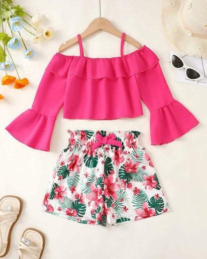 YOURUIKEY Girls Summer Halter Crop Top Floral Shorts Set Rose Red 11-12