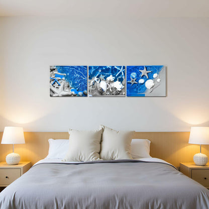 FuShvre Beach Canvas Wall Art Sea Shell Pictures Blue 12x16 3pcs Coastal