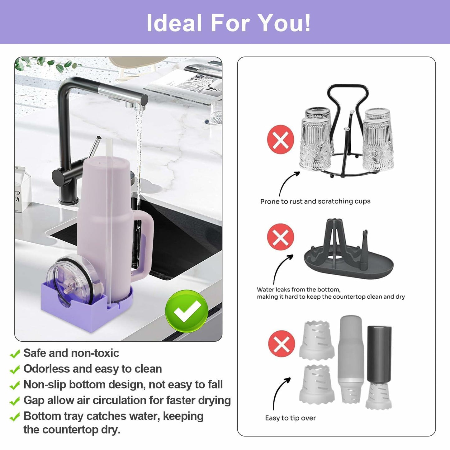 SISAYWEY Silicone Water Bottle Drying Rack Stanley 20/30/40oz Cups Purple 1Pc