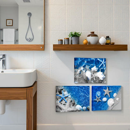 FuShvre Beach Canvas Wall Art Sea Shell Pictures Blue 12x16 3pcs Coastal