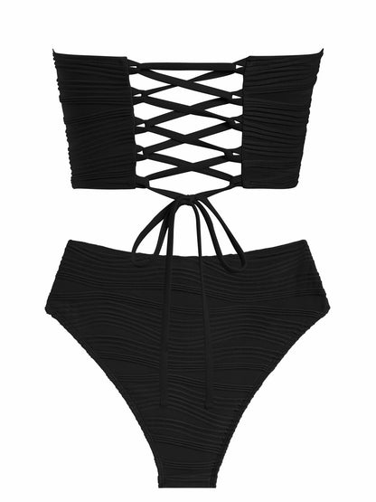 ZAFUL Women Strapless Bandeau Lace Up Bikini Set High Waisted Black Size S
