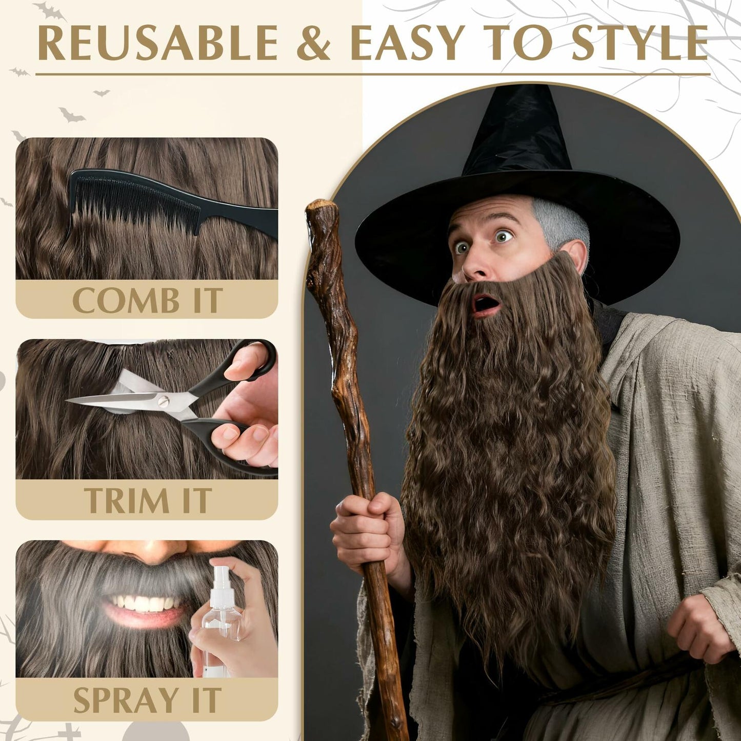 UQJE Long Curly Brown Wizard Beard Adult Cosplay Halloween One Size