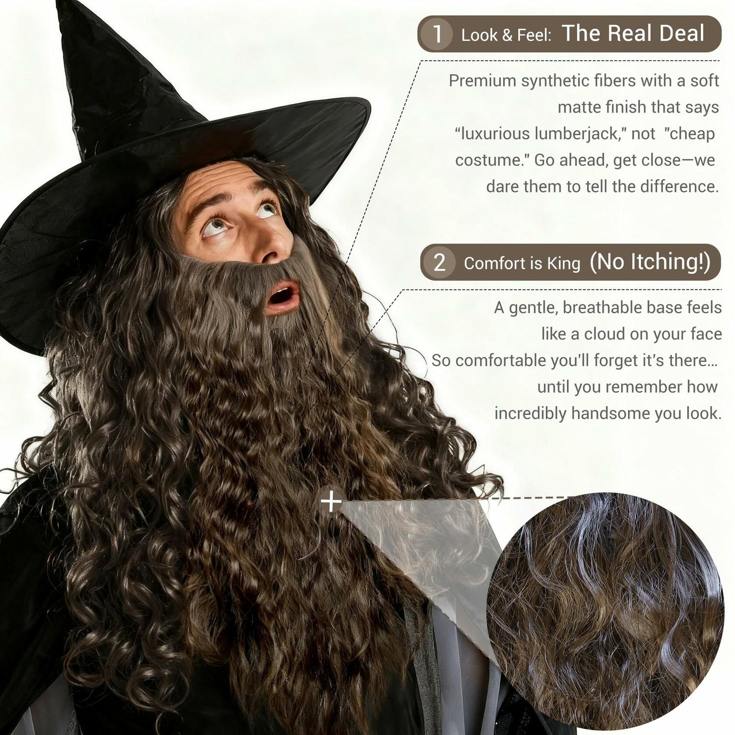 UQJE Long Curly Brown Wizard Beard Adult Cosplay Halloween One Size