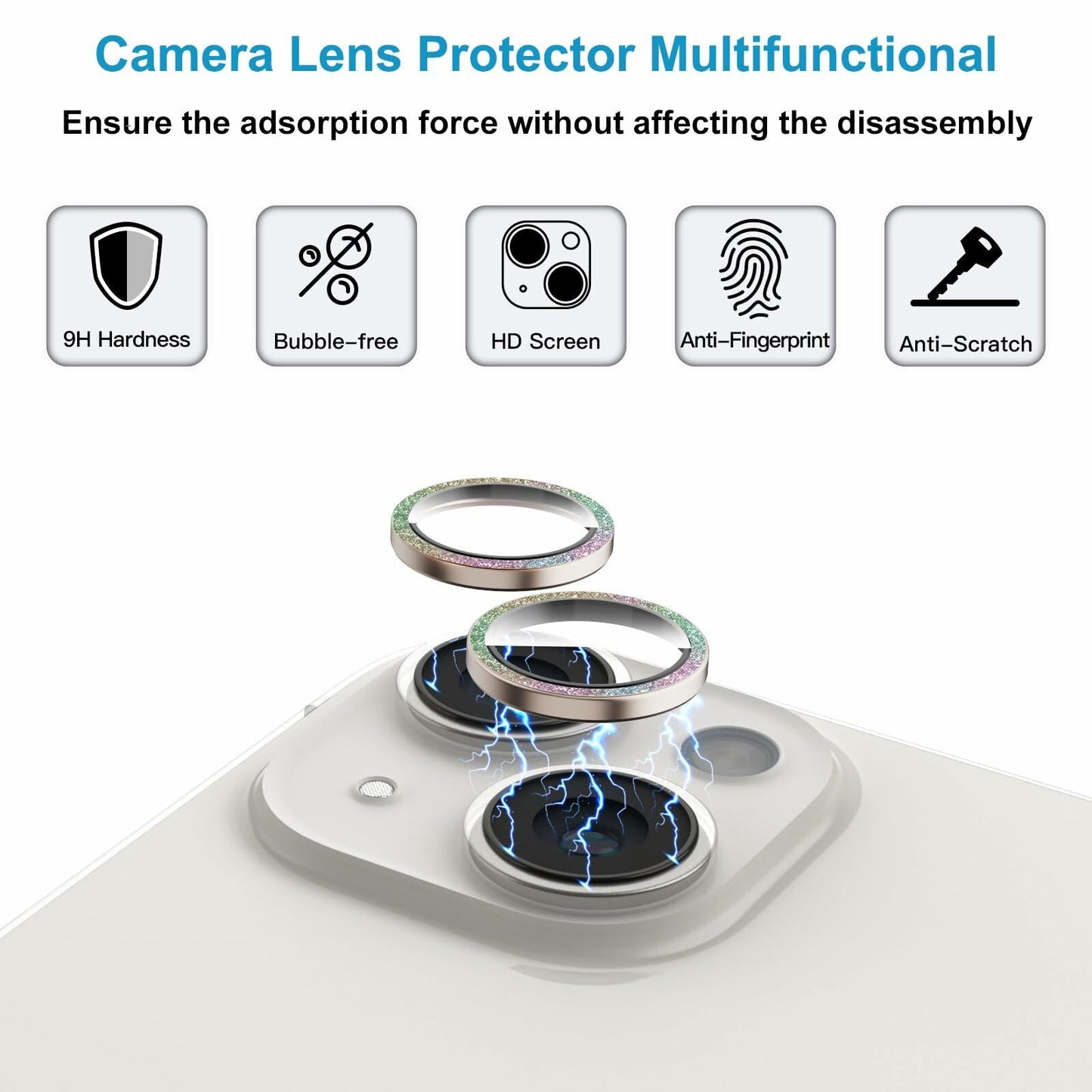 ZQCFKJ iPhone 16/16 Plus Tempered Glass Camera Lens Protector Glitter Colorful