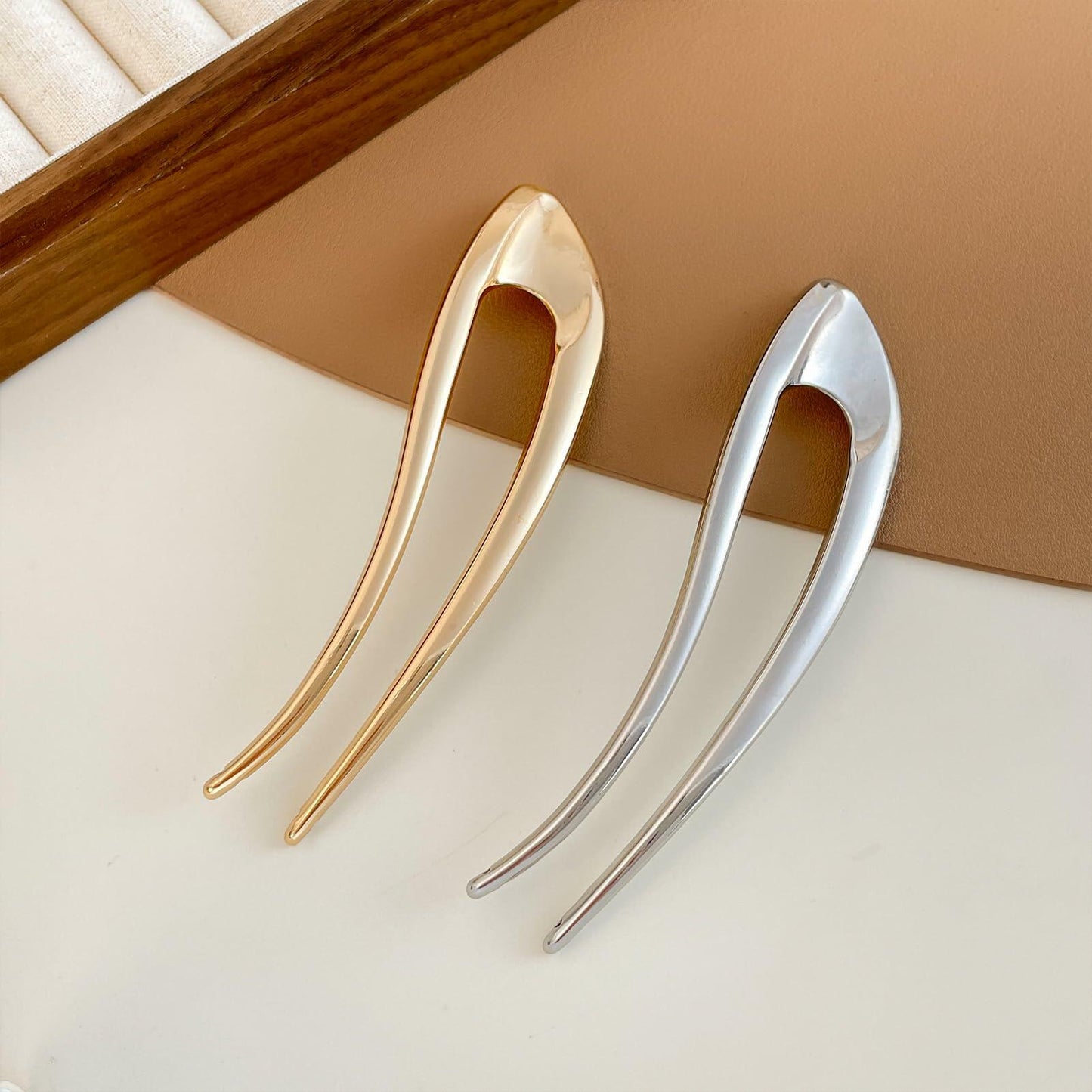 enophe 2PCS 5.12in U Shaped French Twist Metal Hair Pins Gold Silver