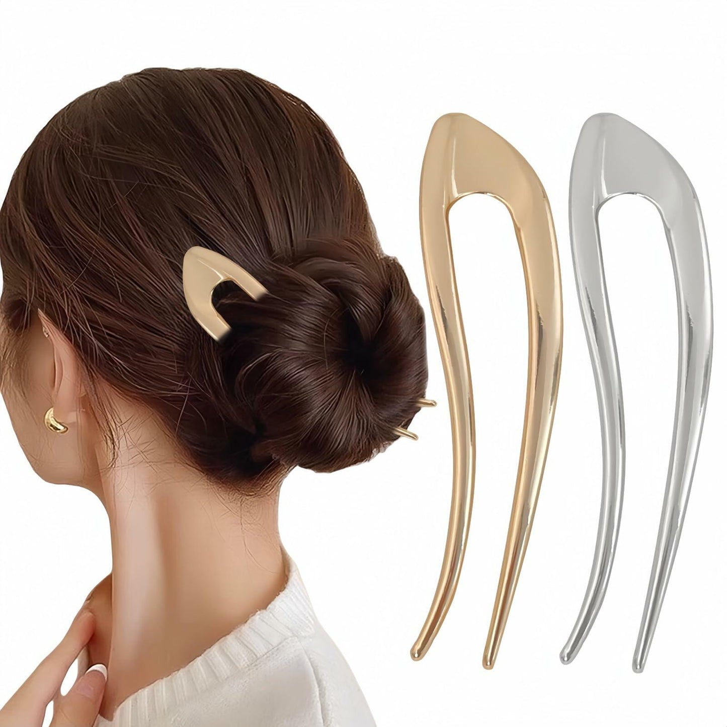 enophe 2PCS 5.12in U Shaped French Twist Metal Hair Pins Gold Silver