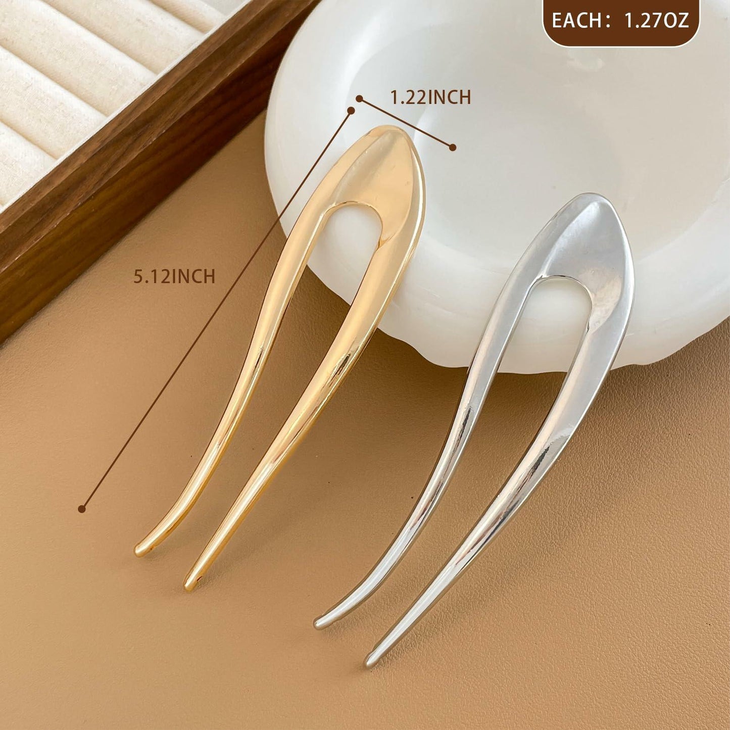 enophe 2PCS 5.12in U Shaped French Twist Metal Hair Pins Gold Silver