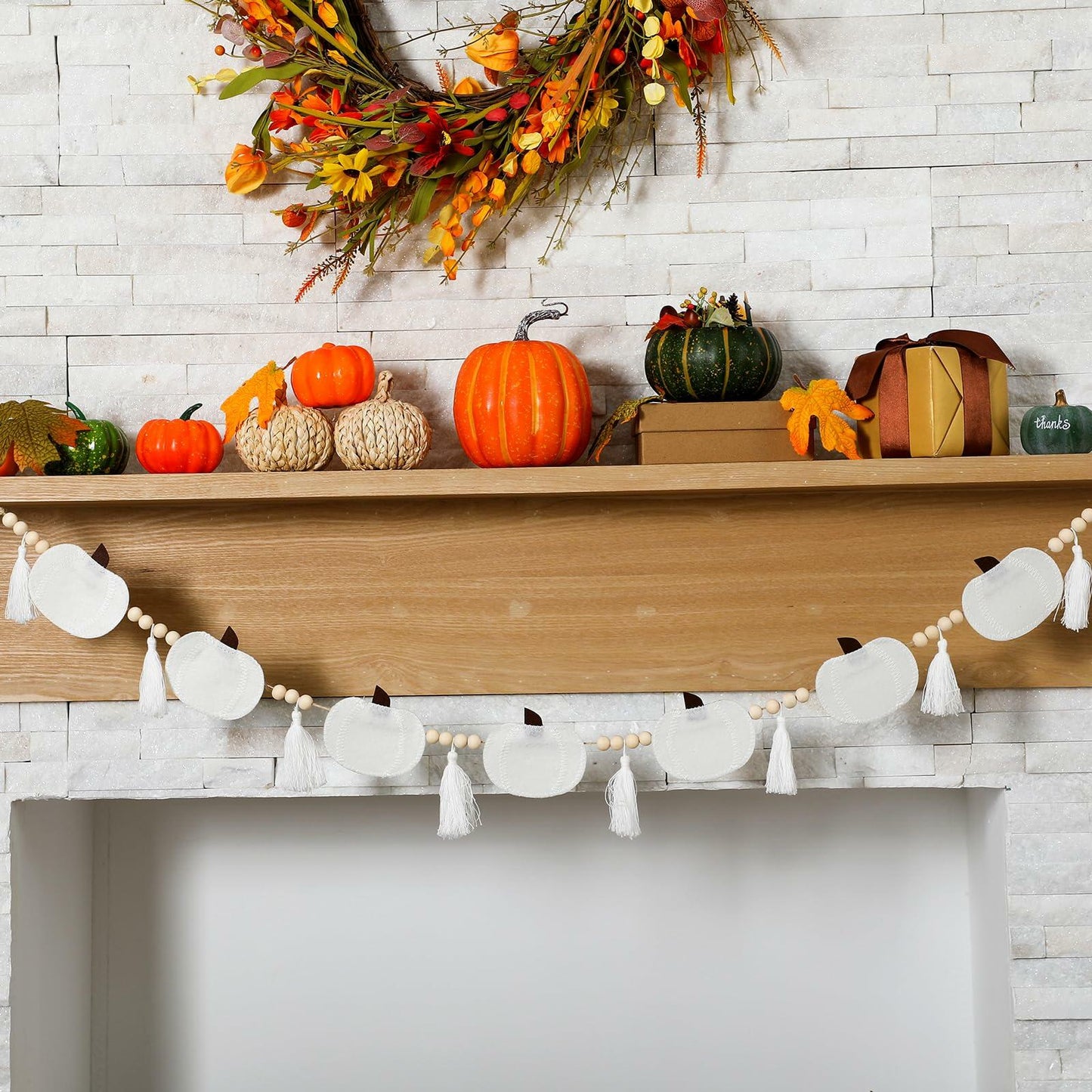 Breling 6ft White Felt Pumpkin Garland Fall Thanksgiving Neutral Decor