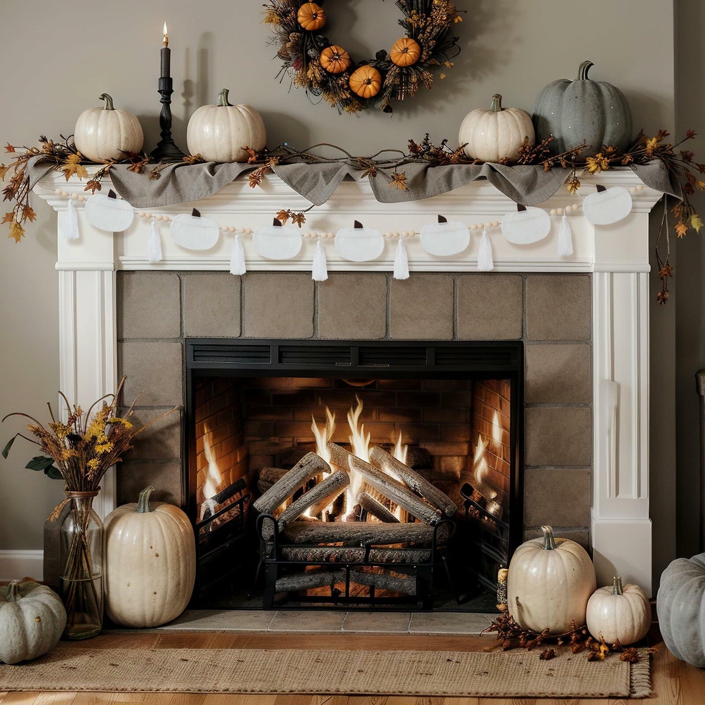 Breling 6ft White Felt Pumpkin Garland Fall Thanksgiving Neutral Decor