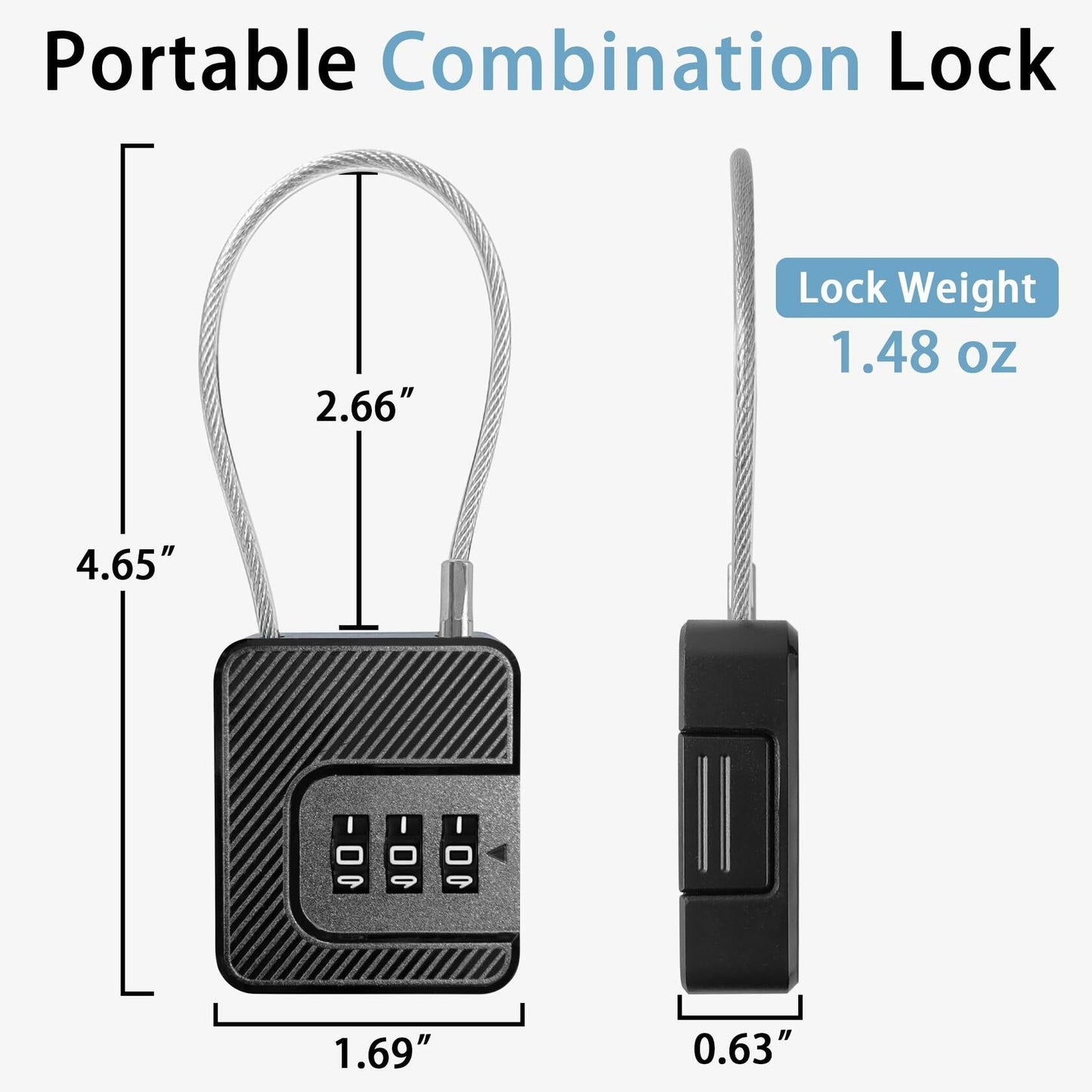Coipdfty 3-Digit Combination Lock Flexible Steel Cable Waterproof Black 2-Pack