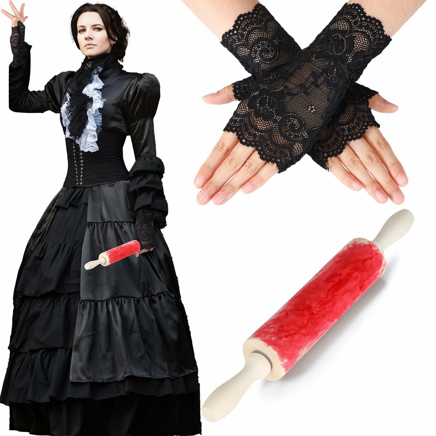 Yearntown Halloween Costume Accessories Black Lace Fingerless Gloves One Size