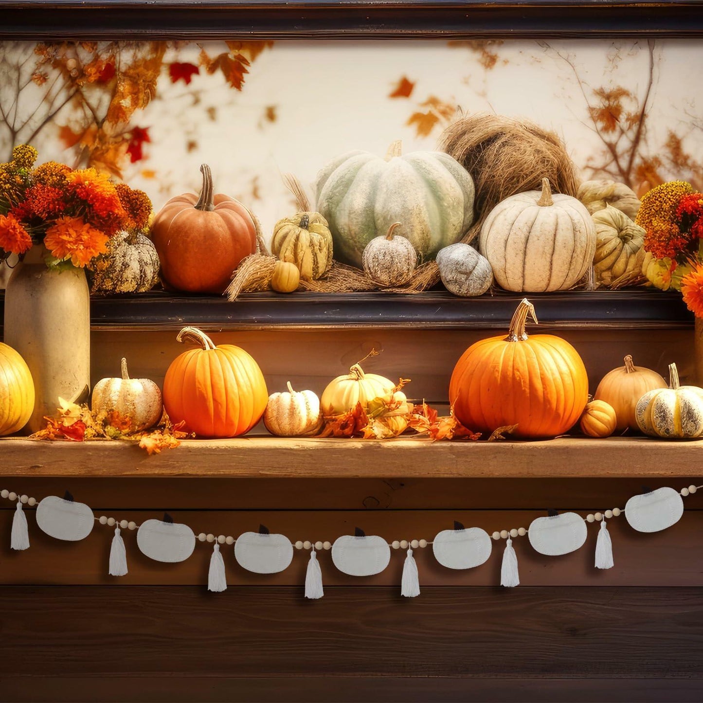 Breling 6ft White Felt Pumpkin Garland Fall Thanksgiving Neutral Decor