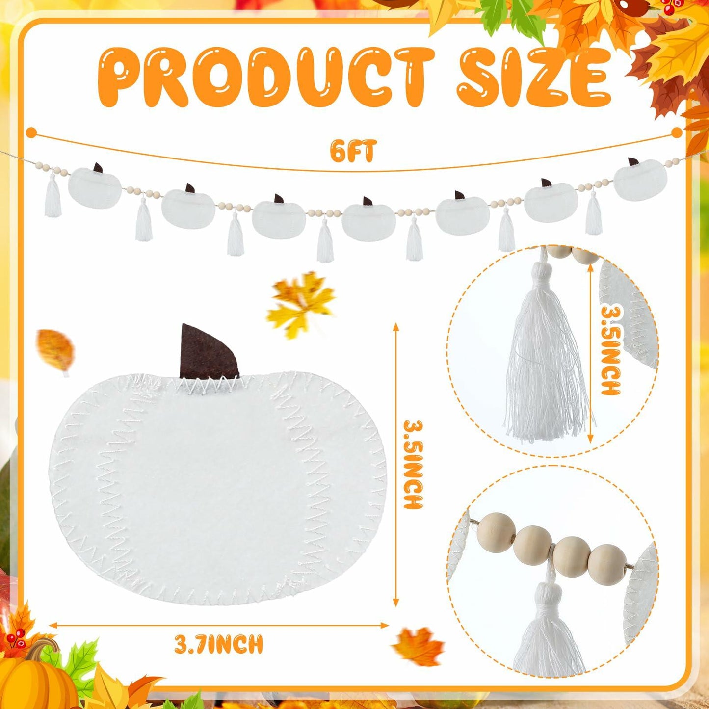 Breling 6ft White Felt Pumpkin Garland Fall Thanksgiving Neutral Decor