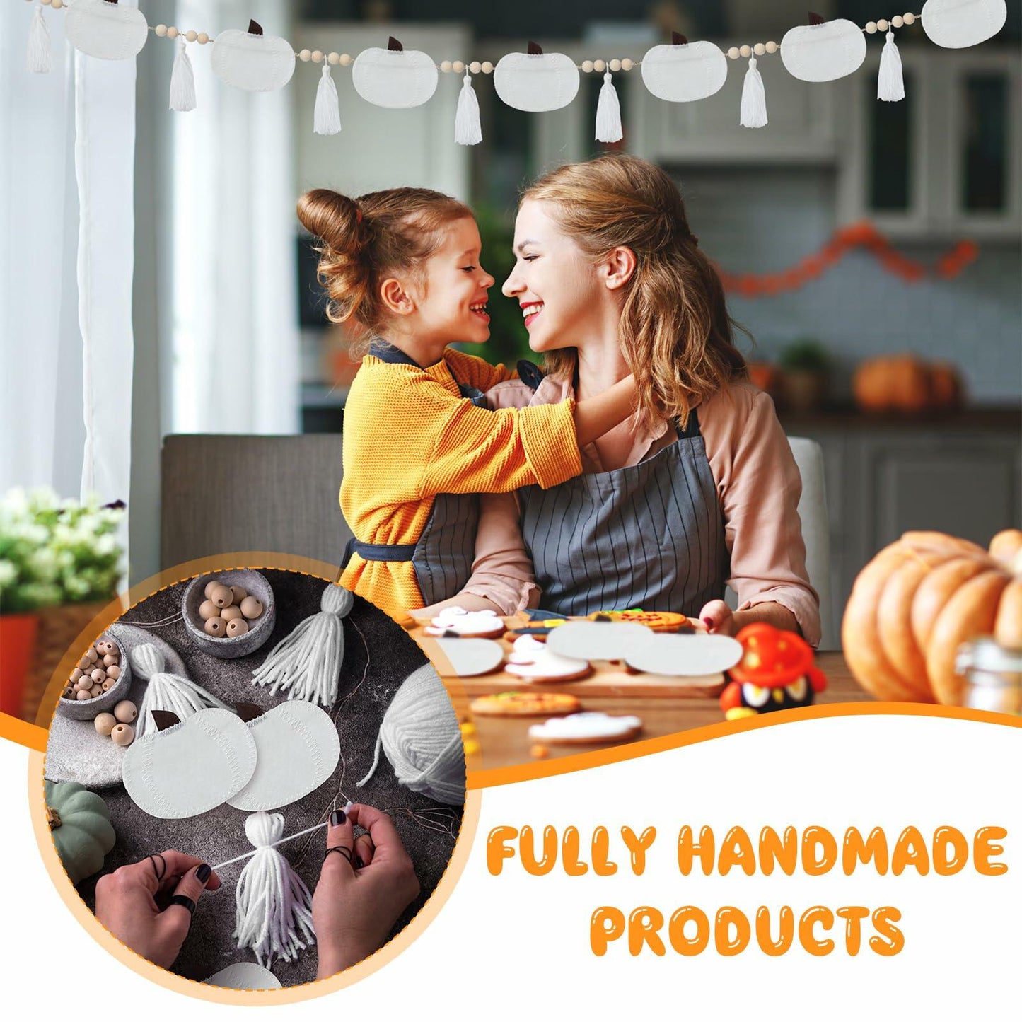Breling 6ft White Felt Pumpkin Garland Fall Thanksgiving Neutral Decor
