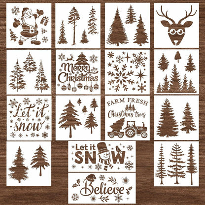 Suartus Christmas Stencils 16pcs Pine Trees Snowflake Elk Santa Reusable