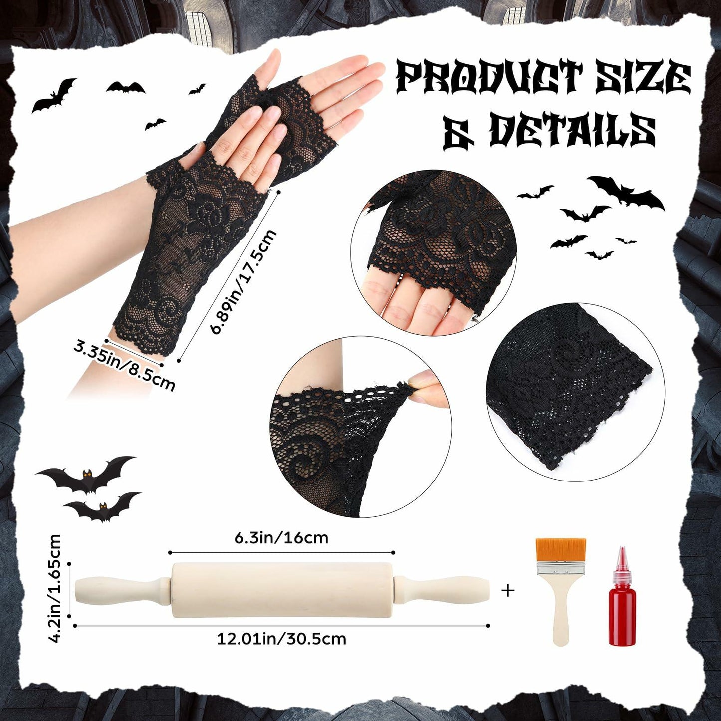 Yearntown Halloween Costume Accessories Black Lace Fingerless Gloves One Size