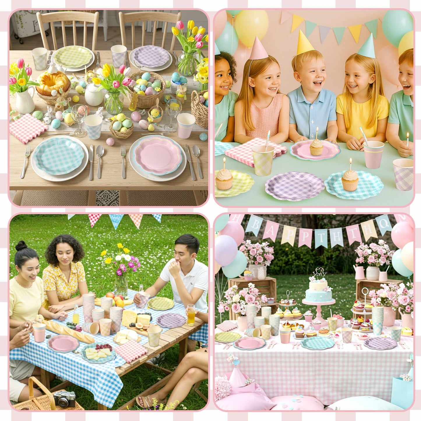 Yungyan 216 Pc Gingham Party Supplies Set Plates Cups Napkins Classic Color
