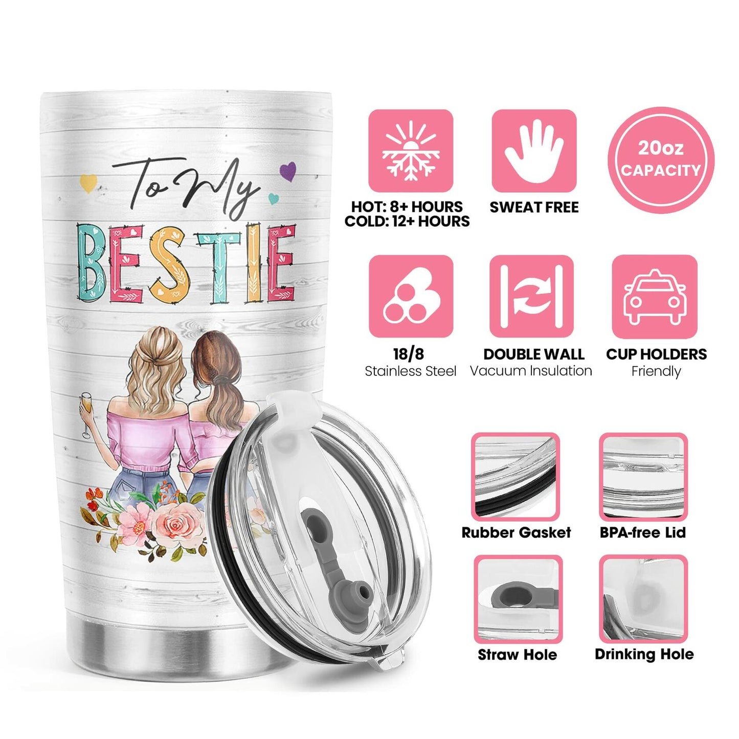 Pawzity 20 Oz White Stainless Steel Coffee Tumbler Gift for Women Friends