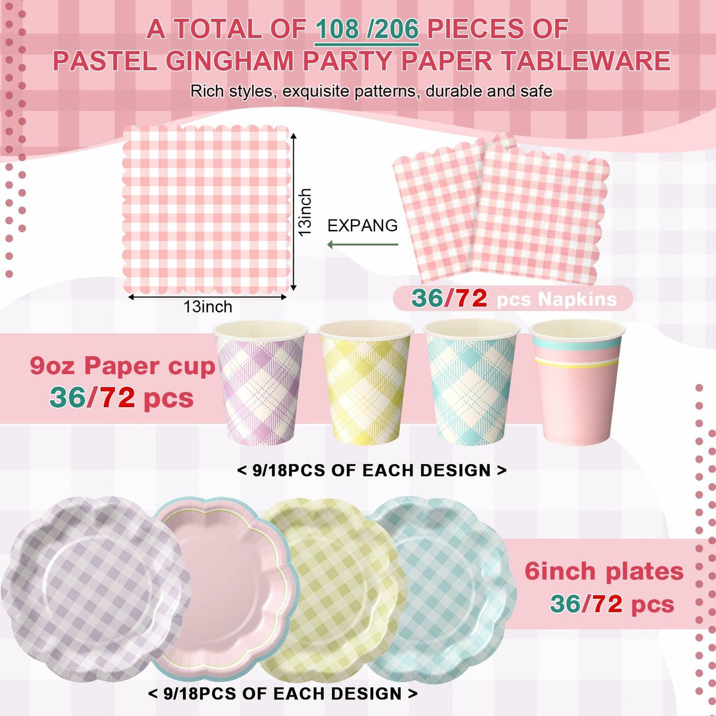 Yungyan 216 Pc Gingham Party Supplies Set Plates Cups Napkins Classic Color