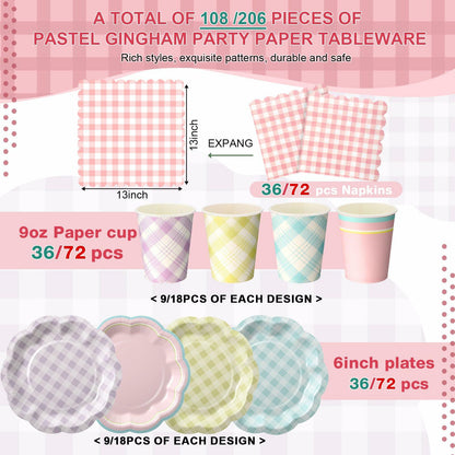 Yungyan 216 Pc Gingham Party Supplies Set Plates Cups Napkins Classic Color