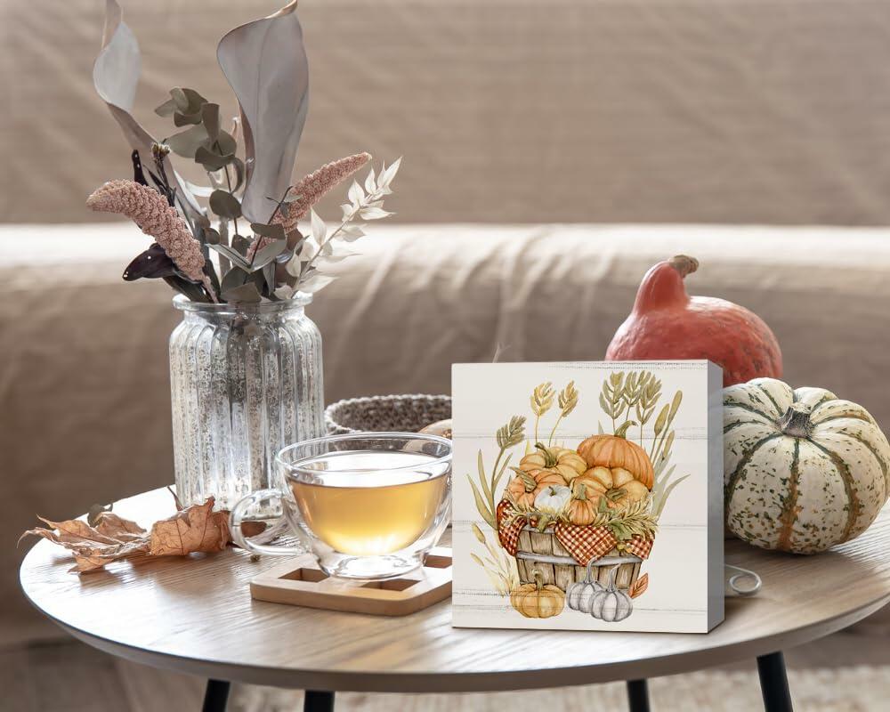 ULEGIE Fall Autumn Wood Box Sign Pumpkin Thanksgiving Decor 5x5 Inch