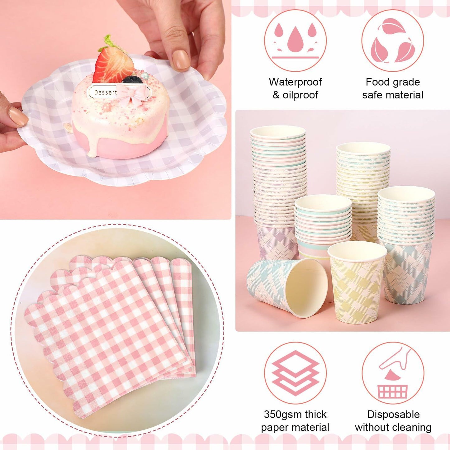 Yungyan 216 Pc Gingham Party Supplies Set Plates Cups Napkins Classic Color
