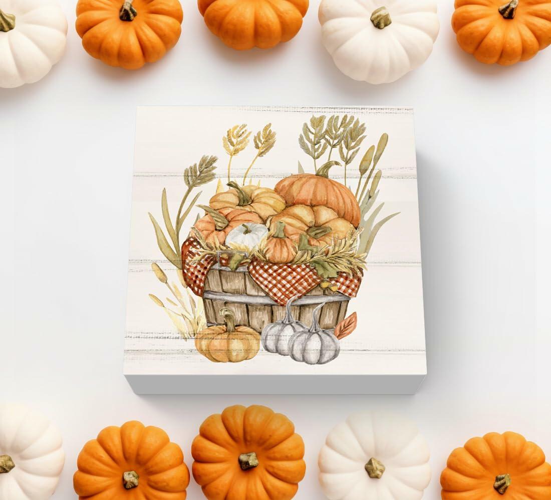 ULEGIE Fall Autumn Wood Box Sign Pumpkin Thanksgiving Decor 5x5 Inch