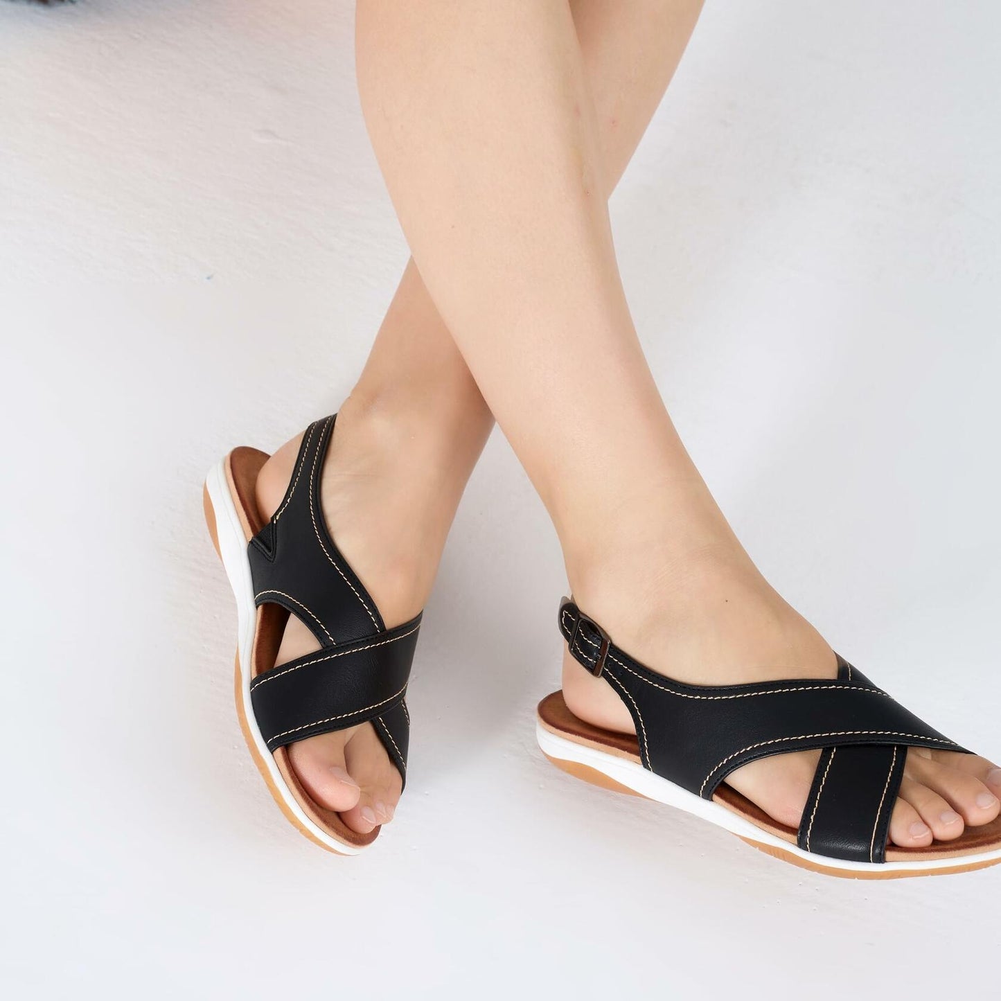 UBFEN Womens Flat Sandals Arch Support Adjustable Slingback Black Size 8