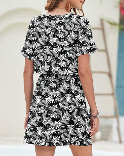 AUSELILY Womens Summer Dress V Neck Tie Button Pockets Rainforest Leaf Size XL