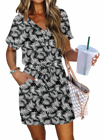 AUSELILY Womens Summer Dress V Neck Tie Button Pockets Rainforest Leaf Size XL