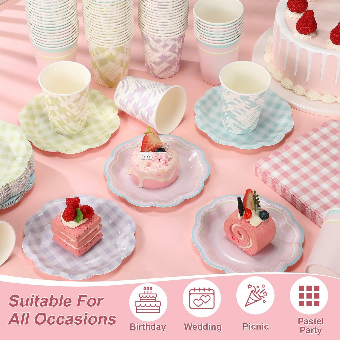 Yungyan 216 Pc Gingham Party Supplies Set Plates Cups Napkins Classic Color