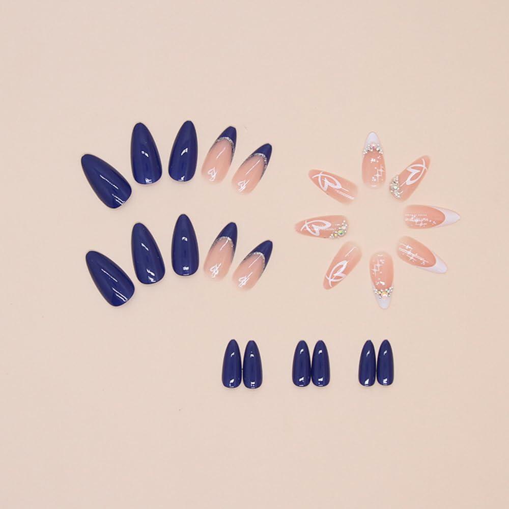 YEFIUO Press On Nails 24 Pcs Short Almond French Blue & White Rhinestones