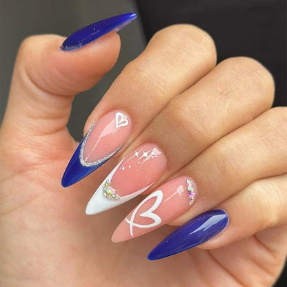 YEFIUO Press On Nails 24 Pcs Short Almond French Blue & White Rhinestones