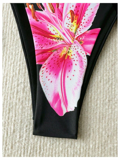 Verdusa Women's Boho Floral Thong Bikini Bottom Tie Side Black Size S