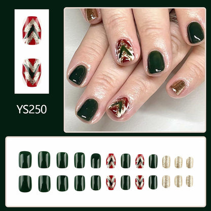 WLGDLH 24Pcs Dark Green Square Christmas Tree Glitter Press On Nails