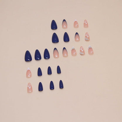YEFIUO Press On Nails 24 Pcs Short Almond French Blue & White Rhinestones