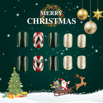 WLGDLH 24Pcs Dark Green Square Christmas Tree Glitter Press On Nails