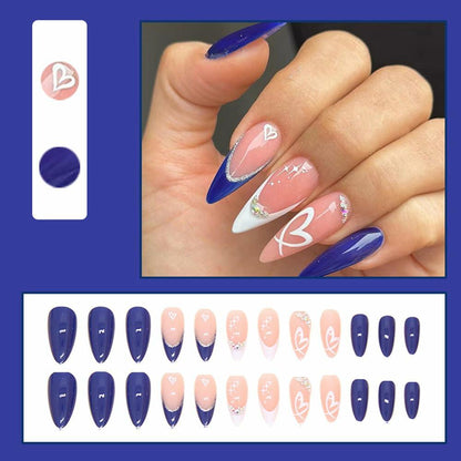 YEFIUO Press On Nails 24 Pcs Short Almond French Blue & White Rhinestones