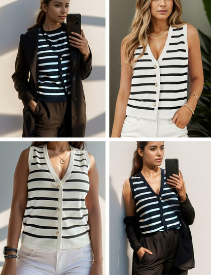 Chevara Women's Sleeveless Striped Sweater Vest V Neck White Size S