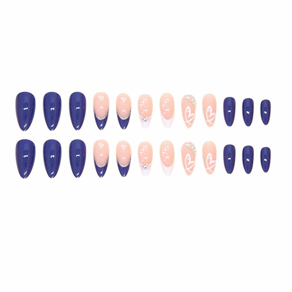 YEFIUO Press On Nails 24 Pcs Short Almond French Blue & White Rhinestones