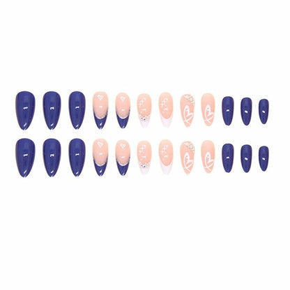 YEFIUO Press On Nails 24 Pcs Short Almond French Blue & White Rhinestones