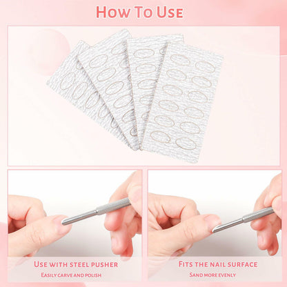 BOMOQING Cuticle Pusher 2PCS & 60 Nail Sand Polishing Tablets Silver Kit