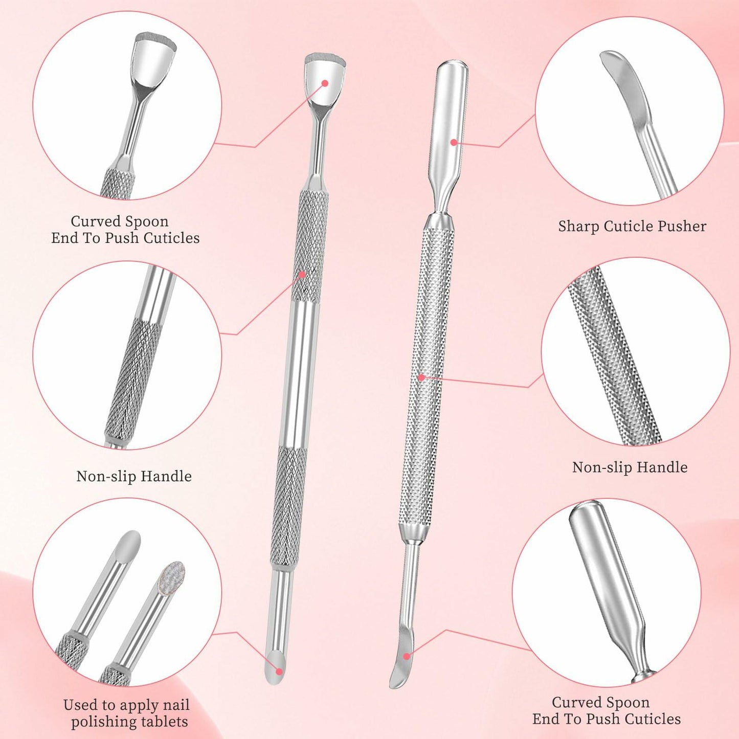 BOMOQING Cuticle Pusher 2PCS & 60 Nail Sand Polishing Tablets Silver Kit
