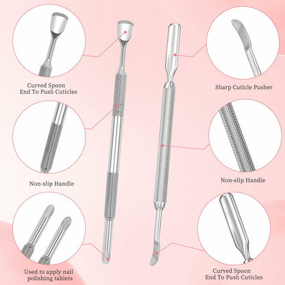 BOMOQING Cuticle Pusher 2PCS & 60 Nail Sand Polishing Tablets Silver Kit