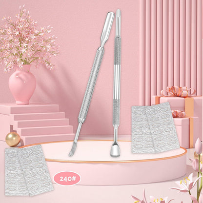 BOMOQING Cuticle Pusher 2PCS & 60 Nail Sand Polishing Tablets Silver Kit